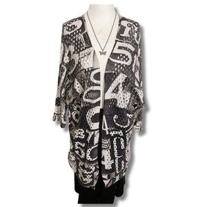 VIA VITALE Vintage white grey black number print long cardigan ~ MEDIUM LARGE XL